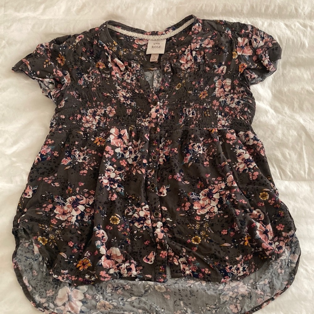 Smocked Floral Women's Blouse - Dark gray and pink Good Condition